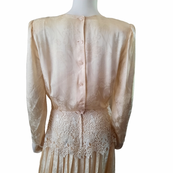 JESSICA MCCLINTOCK Lace Trimmed Silk Jacquard Pleated Maxi Dress Sz 10 Cream - Picture 5 of 13